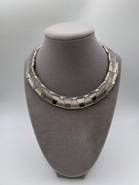 Vintage Silver Tone Panel Link Collar Necklace Chunky Modernist Bold